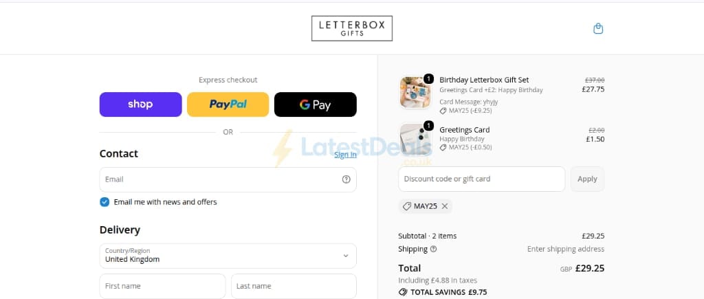 Screenshot of the Letterbox Gifts discount code working