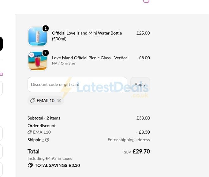 Screenshot of the Love Island Shop discount code working