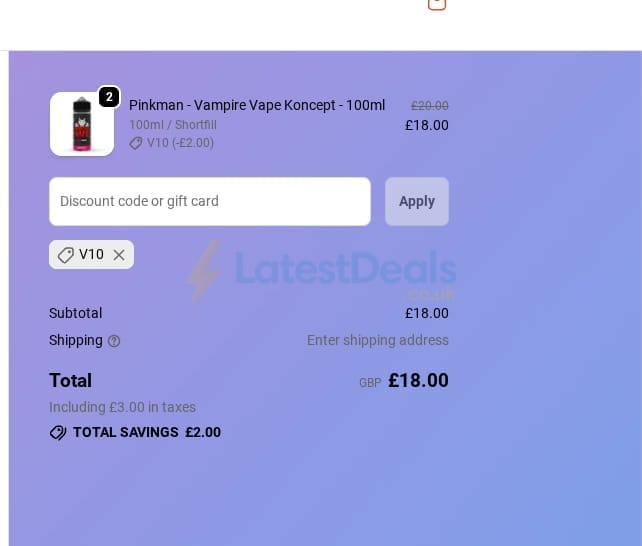 Screenshot of the Make My Vape discount code working