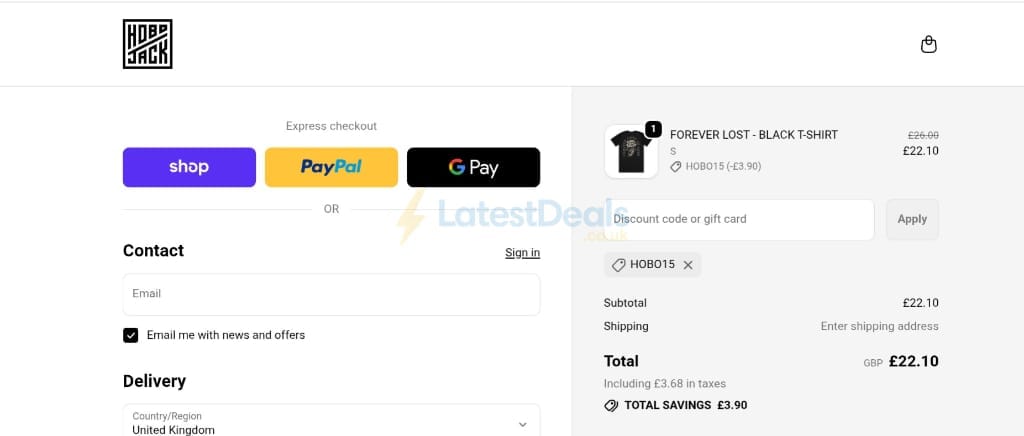 Screenshot of the Hobo Jack discount code working