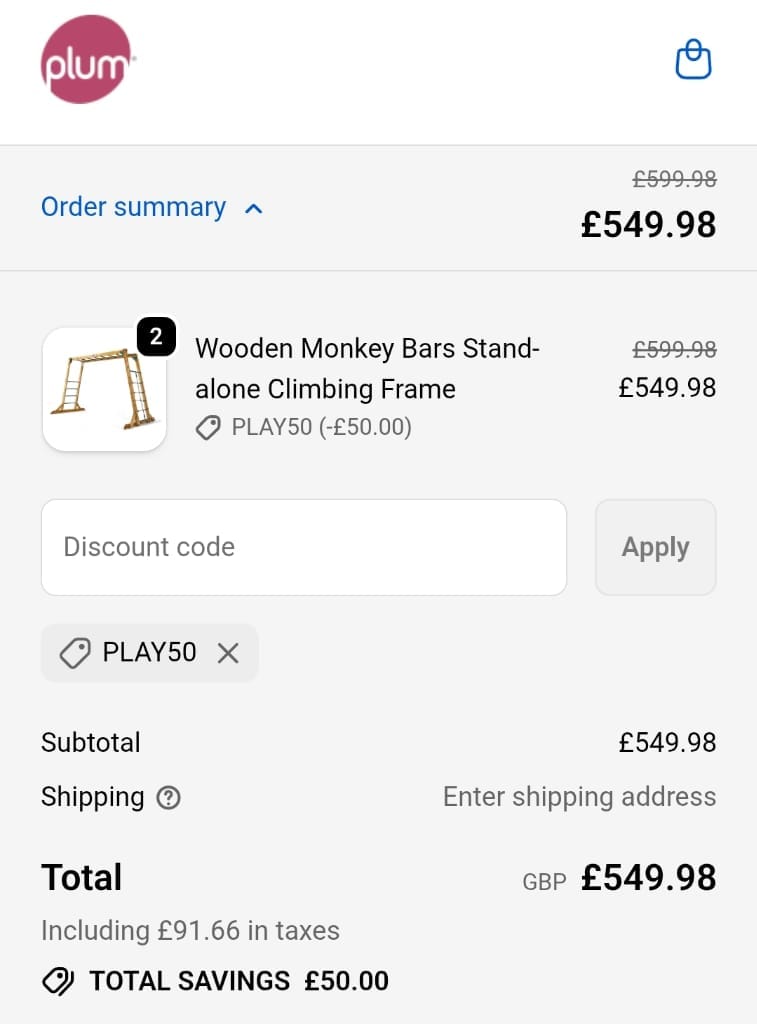 Screenshot of the Plum Play discount code working