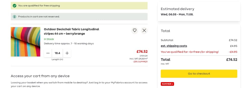 Screenshot of the My Fabrics discount code working
