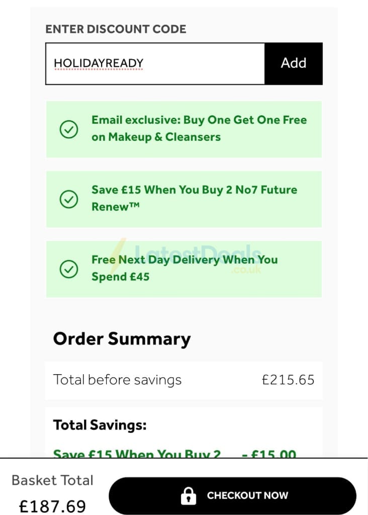 Screenshot of the No7 Beauty discount code working