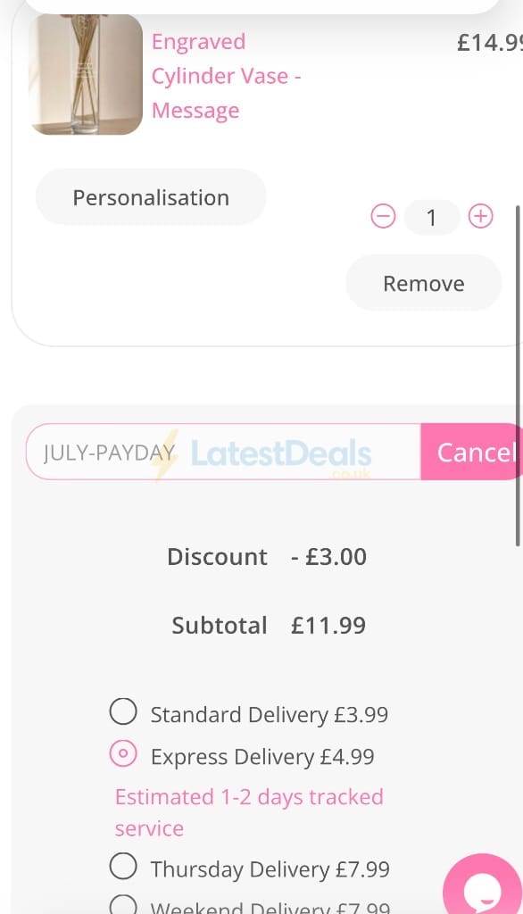 Screenshot of the Personalised Gifts Shop discount code working