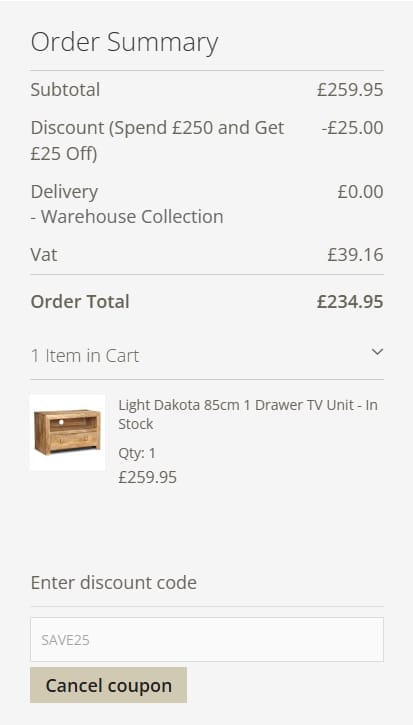 Screenshot of the Trade Furniture Company discount code working