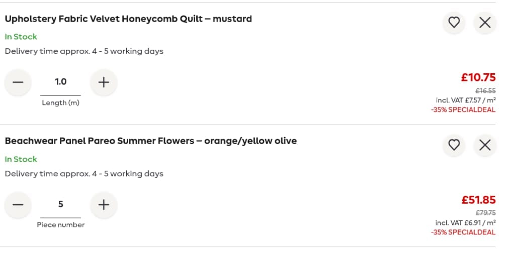Screenshot of the My Fabrics discount code working