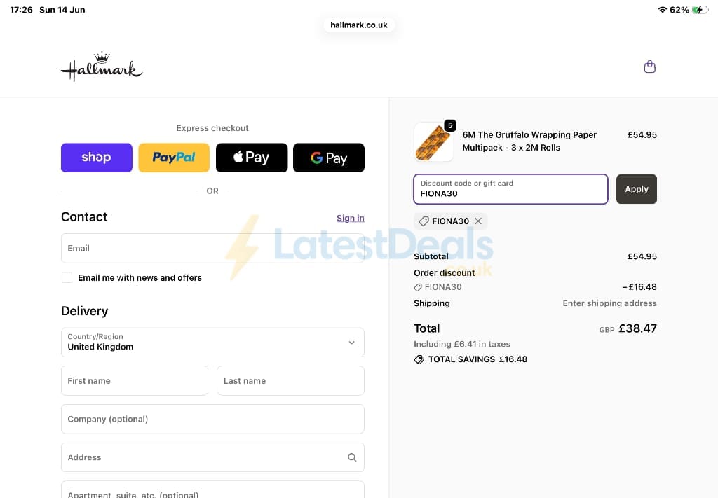 Screenshot of the Hallmark discount code working