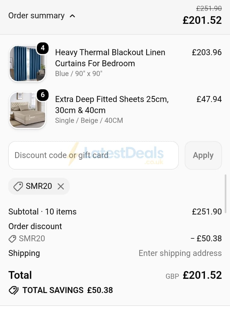 Screenshot of the Yorkshire Bedding discount code working