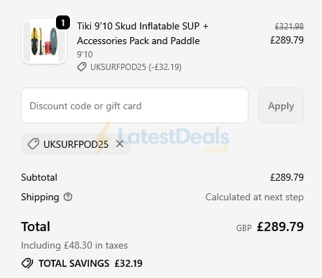 Screenshot of the Tiki Surf discount code working