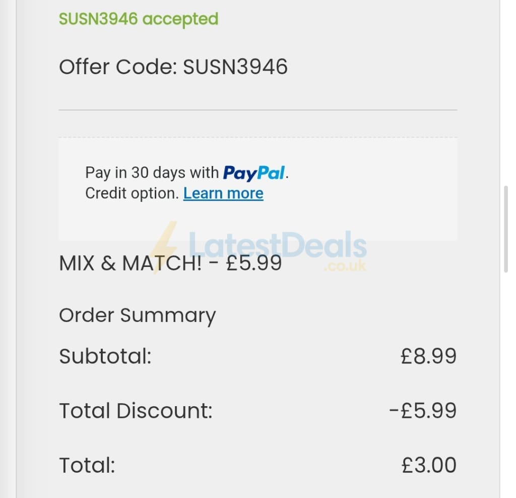 Screenshot of the Suttons discount code working