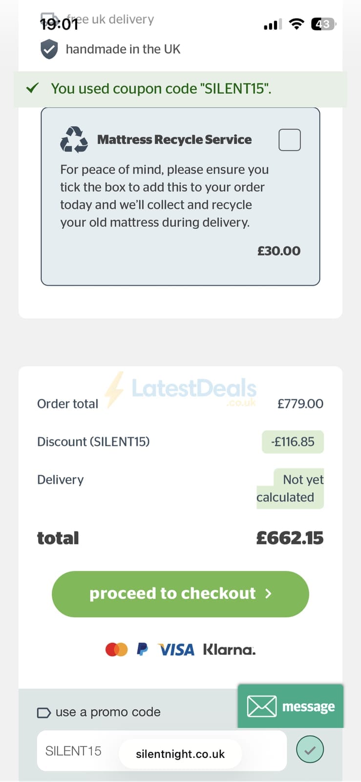 Screenshot of the Silentnight discount code working