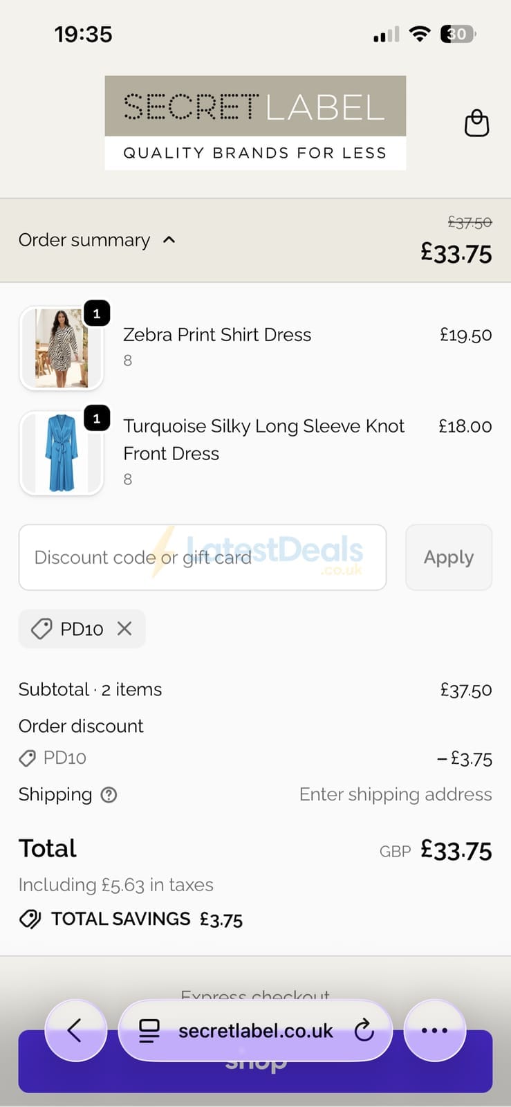 Screenshot of the Secret Label discount code working