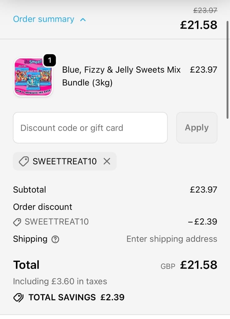 Screenshot of the Sosweetshop discount code working