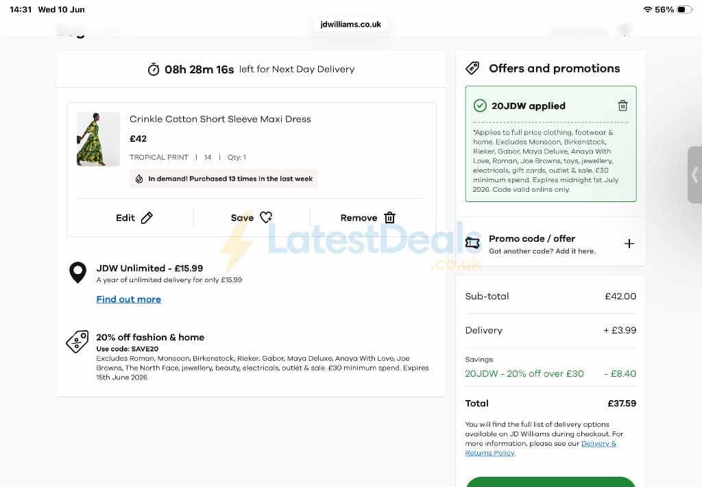 Screenshot of the JD Williams discount code working