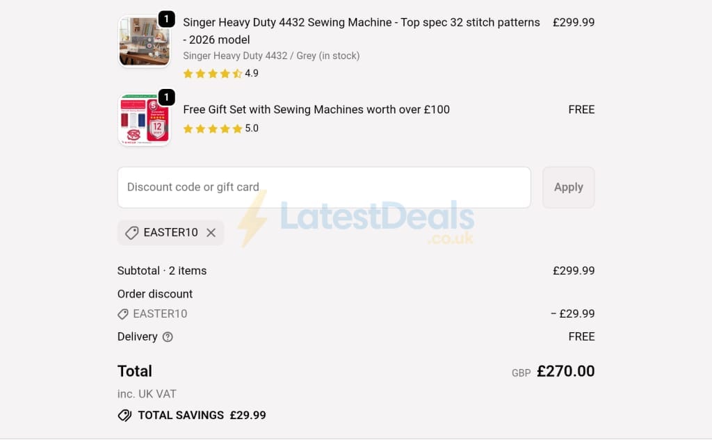 Screenshot of the Singer Sewing Outlet discount code working