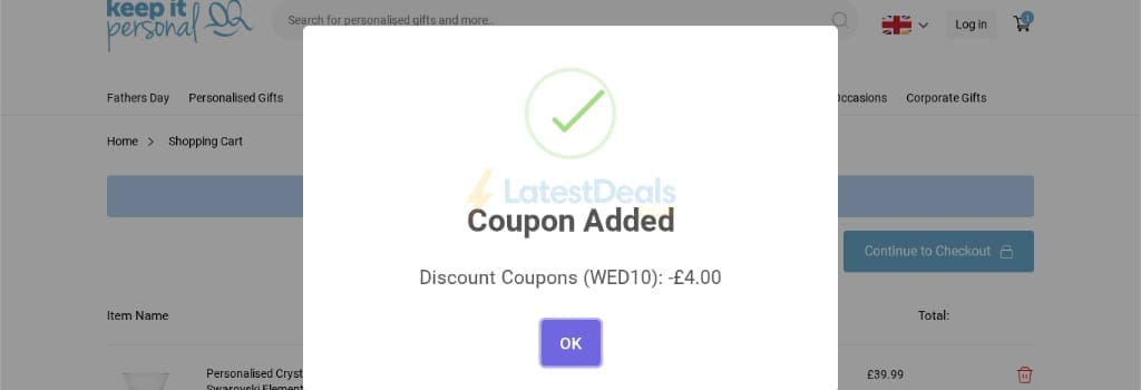 Screenshot of the Keep It Personal discount code working