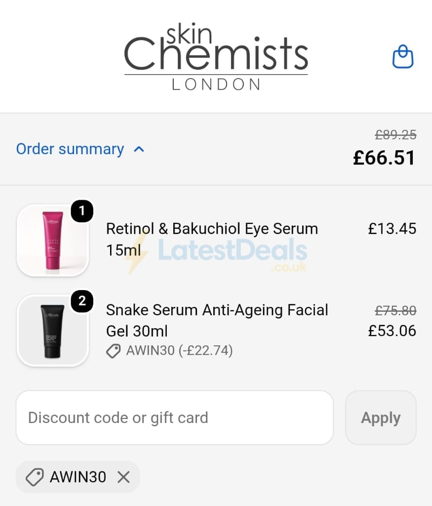 Screenshot of the skinChemists discount code working