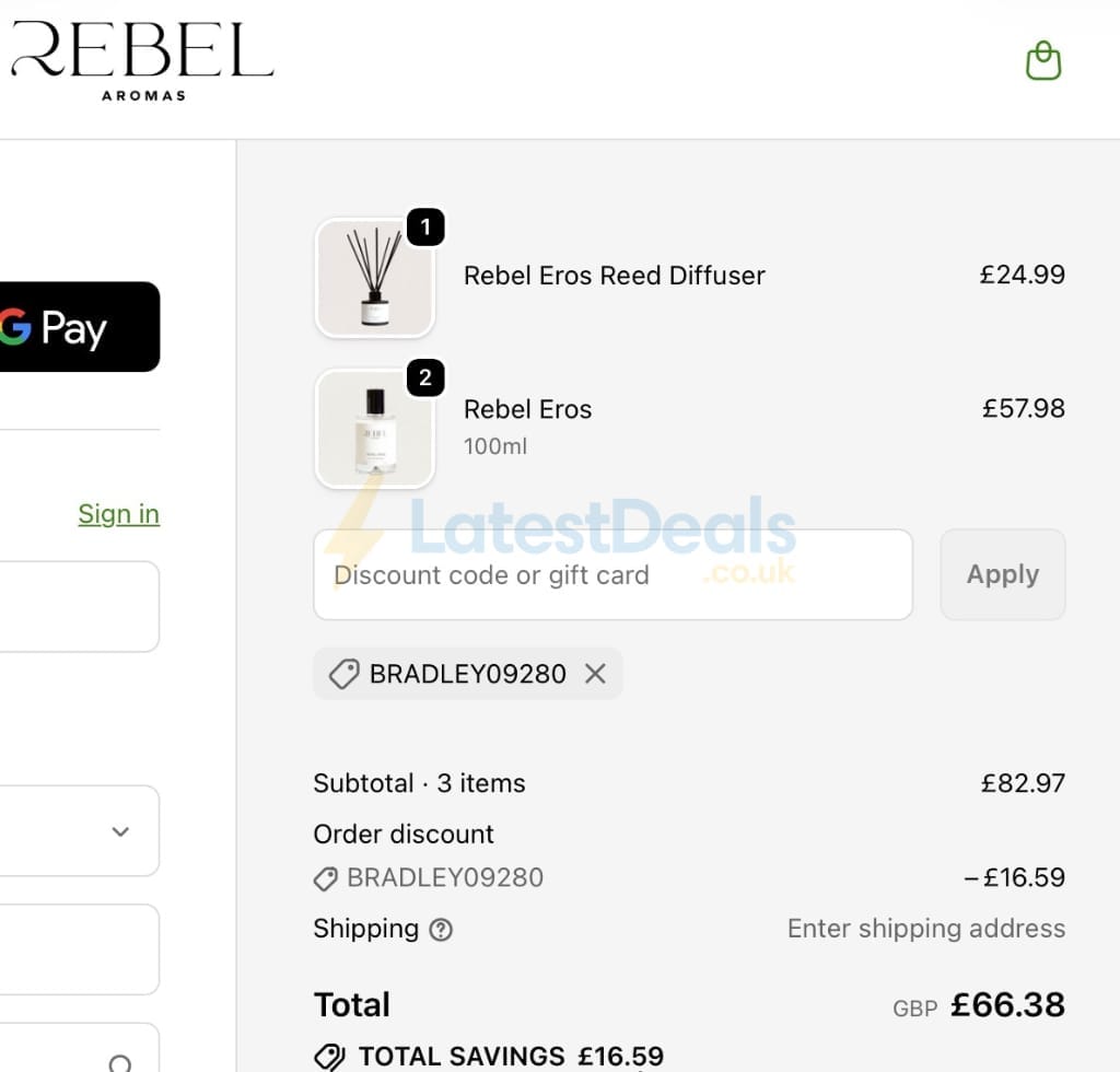 Screenshot of the Rebel Aromas discount code working