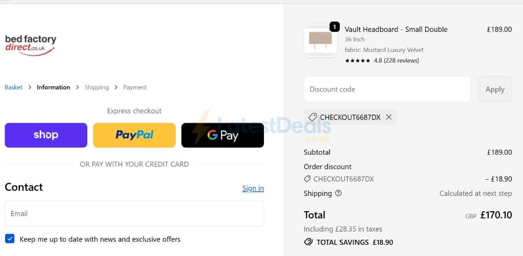 Screenshot of the Bed Factory Direct discount code working