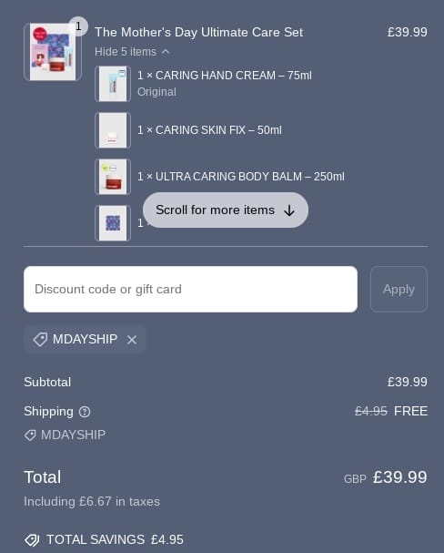 Screenshot of the Nursem discount code working