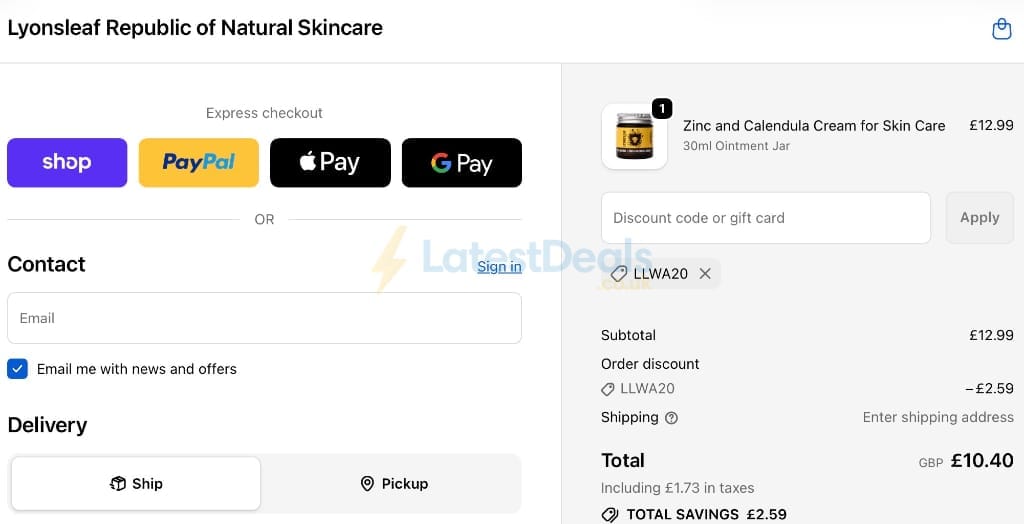 Screenshot of the Lyonsleaf discount code working