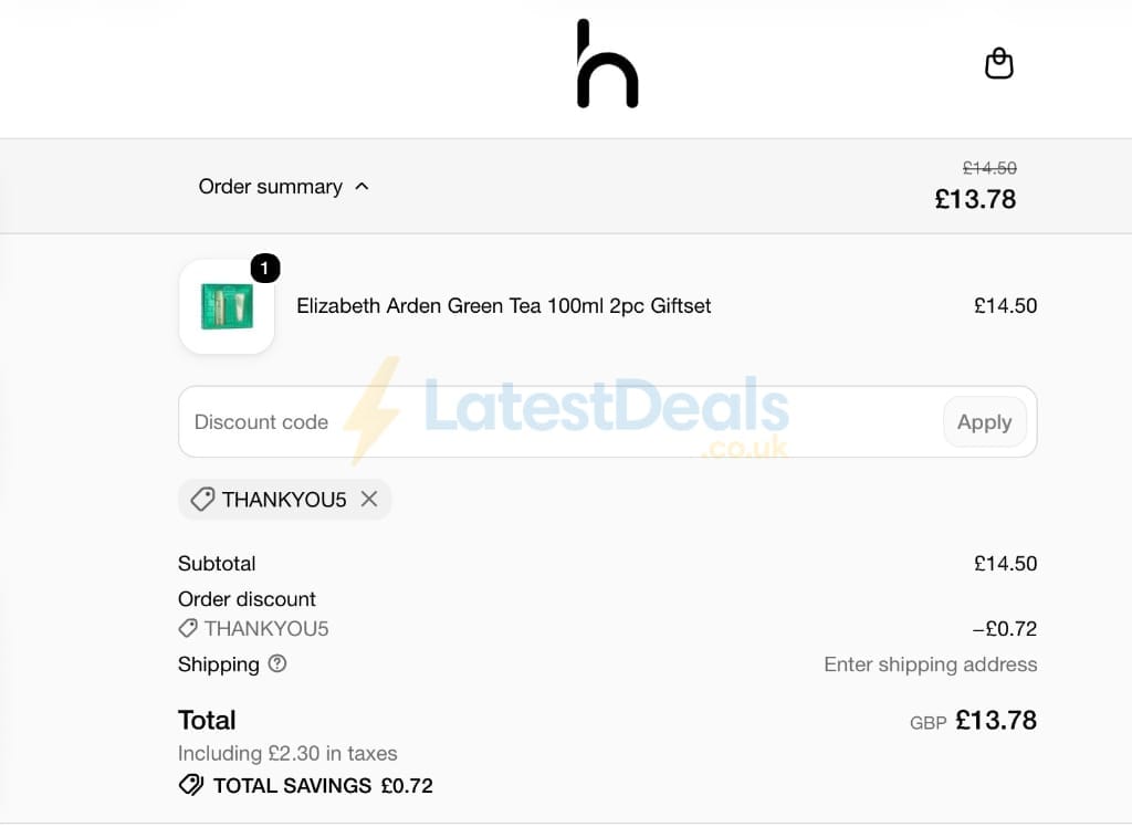 Screenshot of the Home Cosmetics discount code working