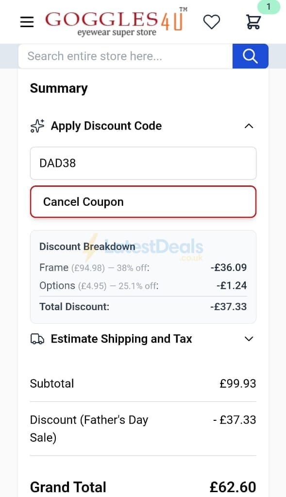 Screenshot of the Goggles4u discount code working