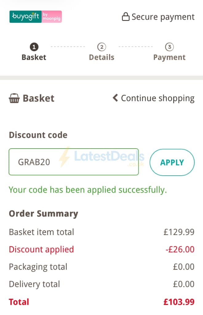 Screenshot of the Buyagift discount code working