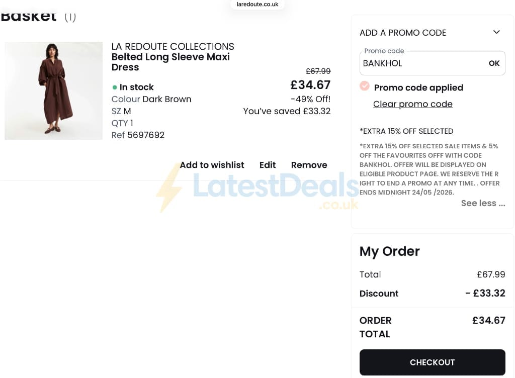 Screenshot of the La Redoute discount code working