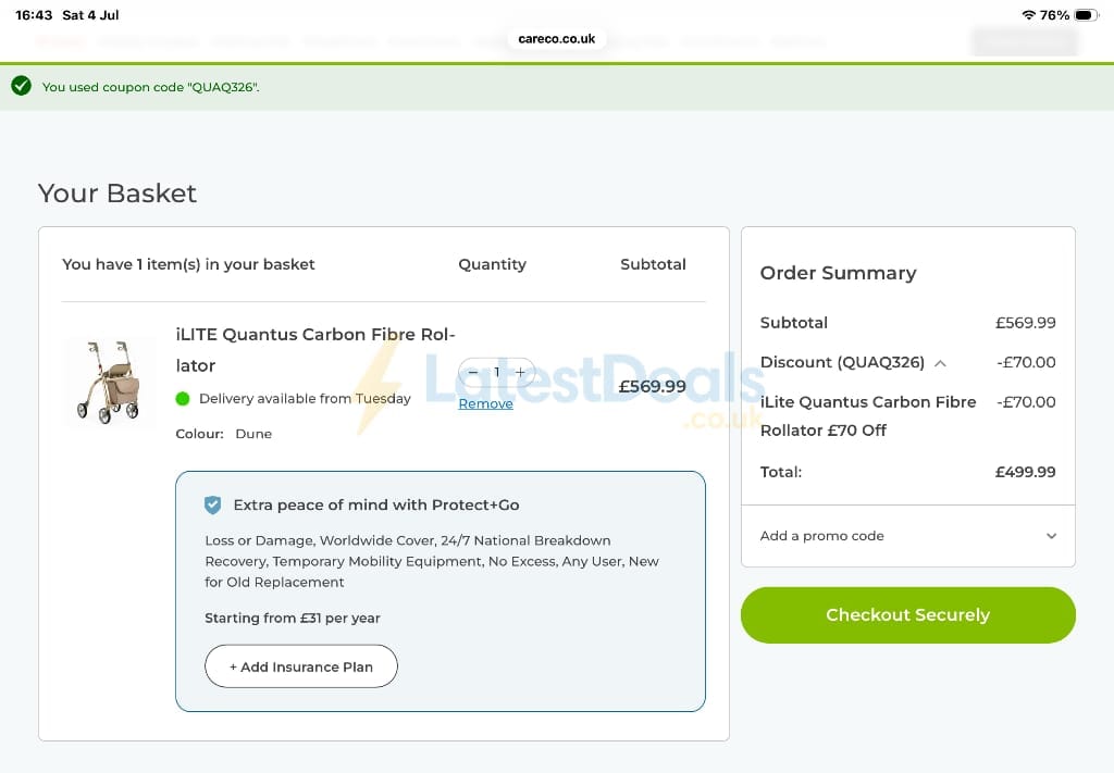Screenshot of the CareCo discount code working