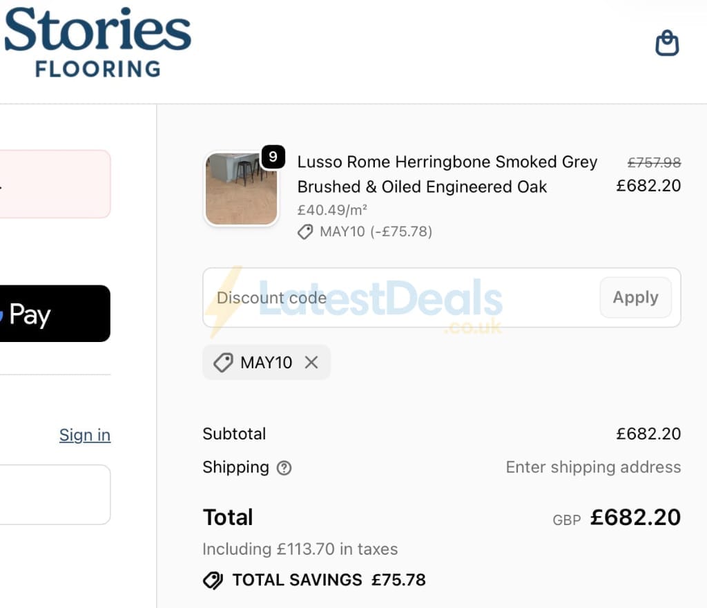 Screenshot of the Stories Flooring discount code working