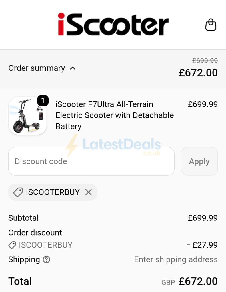 Screenshot of the iScooter discount code working