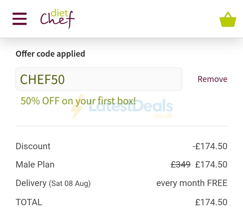 Screenshot of the Diet Chef discount code working