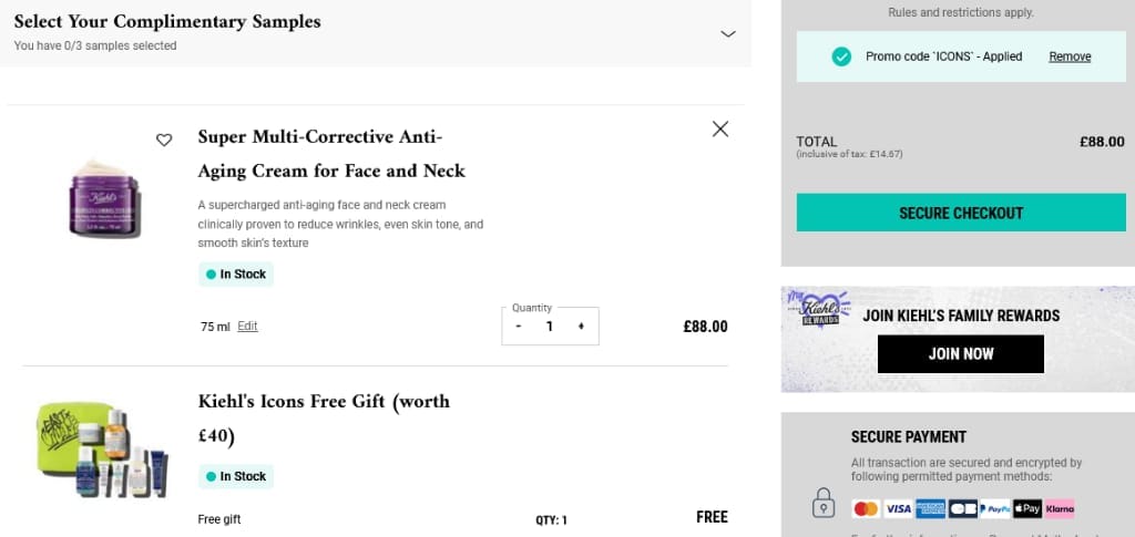 Screenshot of the Kiehl's discount code working