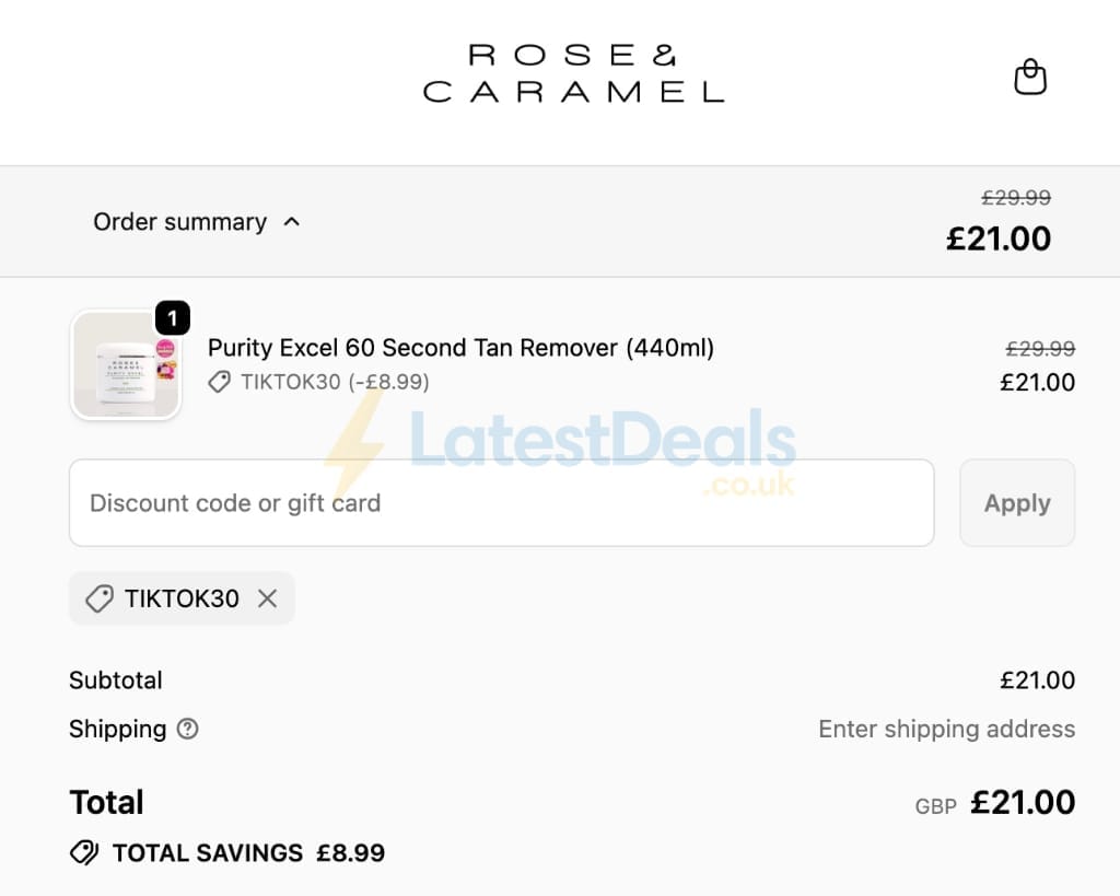 Screenshot of the Rose and Caramel discount code working