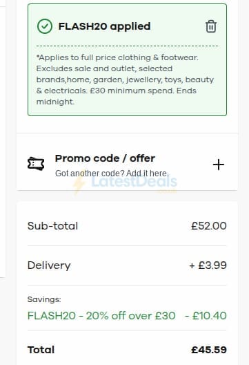 Screenshot of the JD Williams discount code working