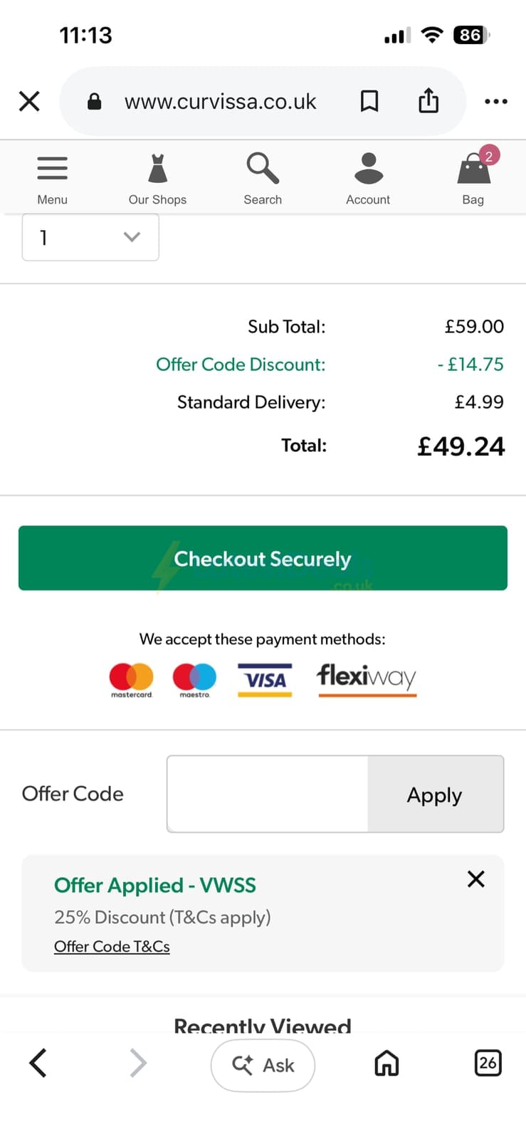 Screenshot of the Curvissa discount code working