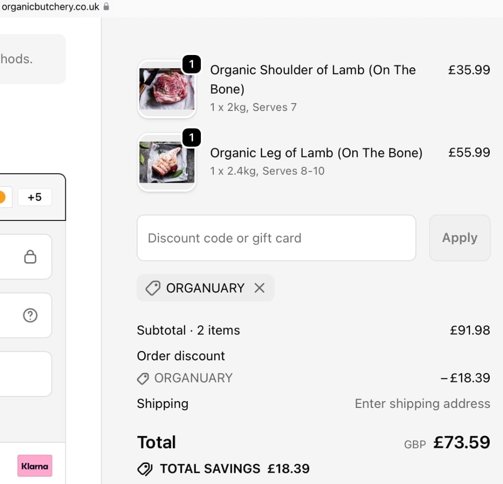 Screenshot of the The Organic Butchery discount code working