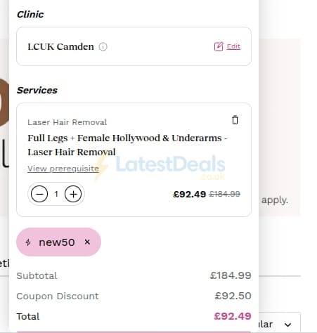 Screenshot of the Laser Clinics UK discount code working