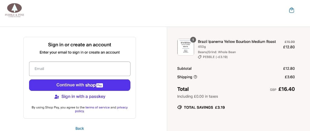 Screenshot of the Pebble & Pine discount code working