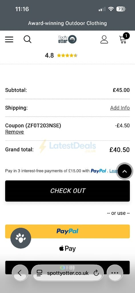 Screenshot of the Spotty Otter discount code working