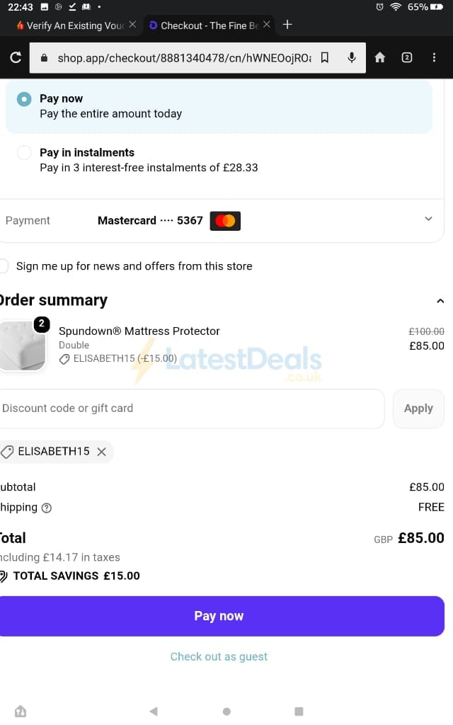 Screenshot of the The Fine Bedding Company discount code working