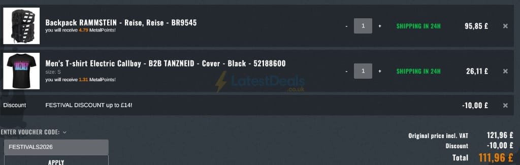 Screenshot of the Metalshop discount code working