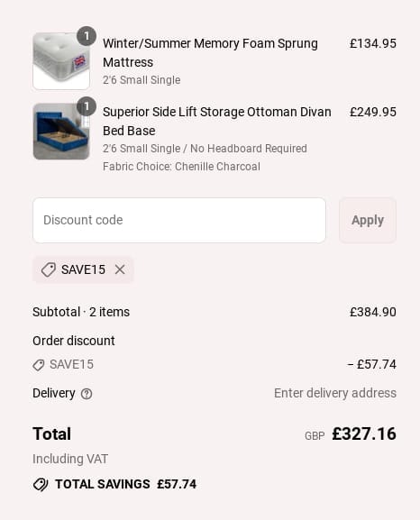 Screenshot of the The Bed Supermarket discount code working