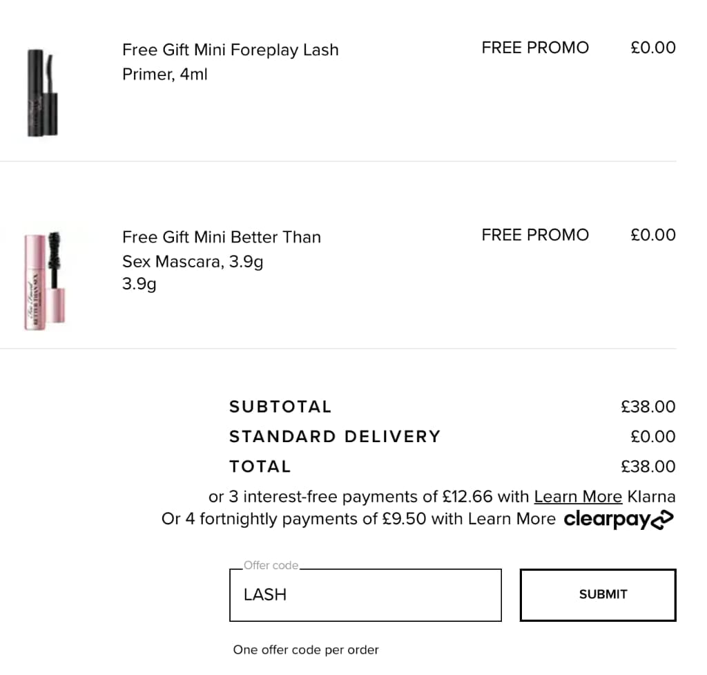 Screenshot of the Toofaced discount code working
