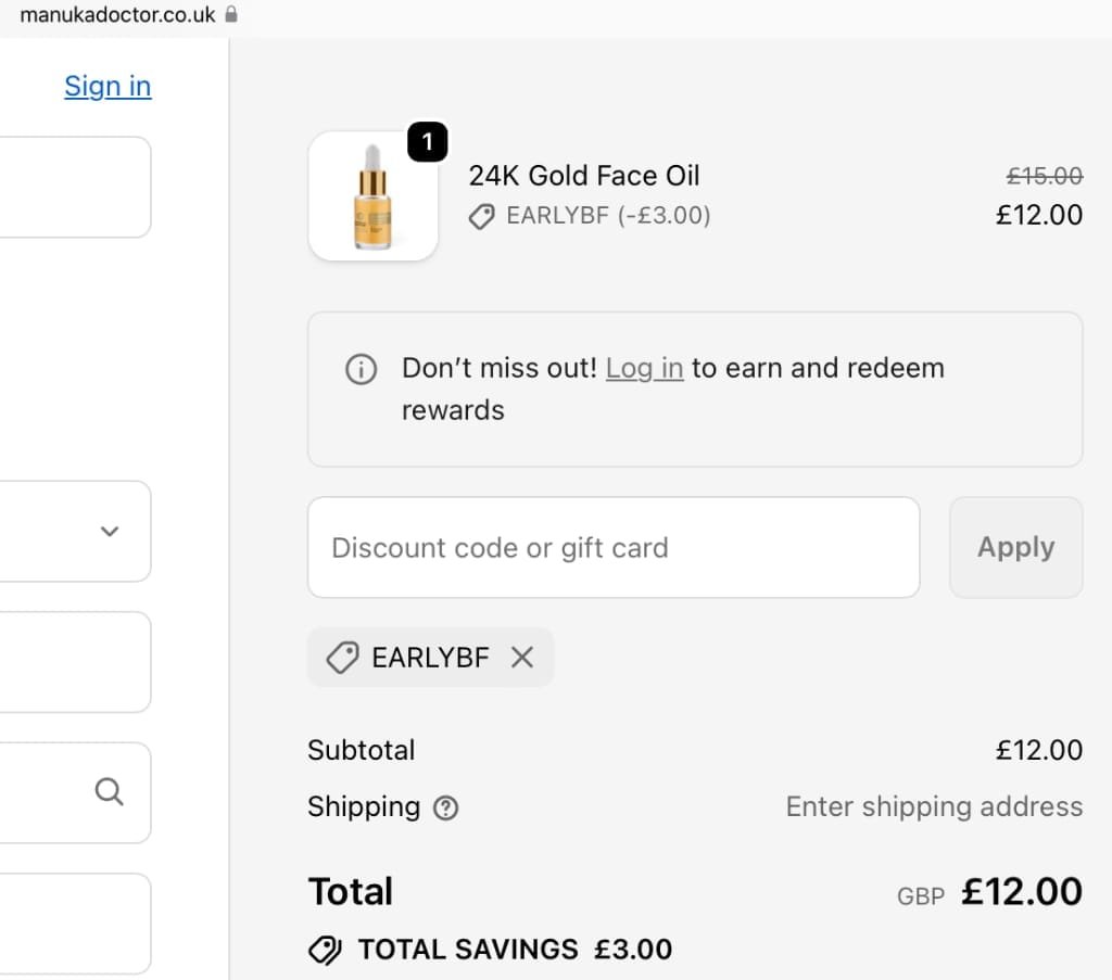 Screenshot of the Manuka Doctor discount code working