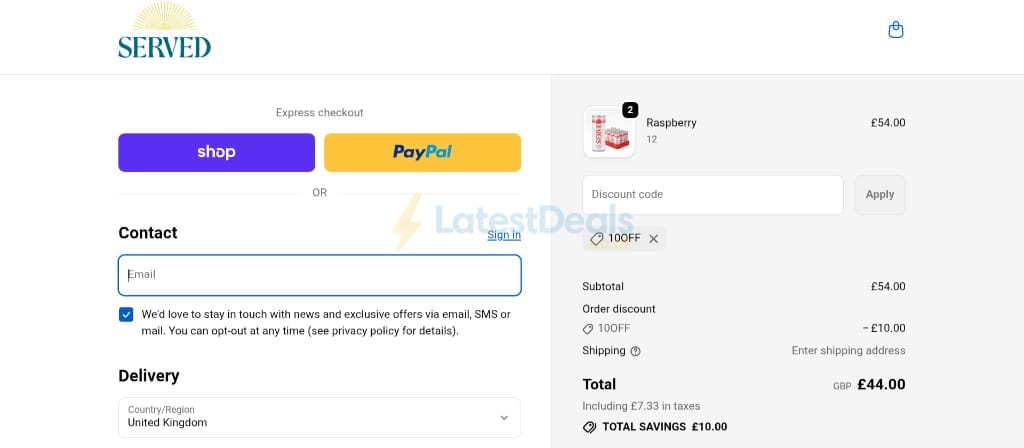 Screenshot of the Served Drinks discount code working