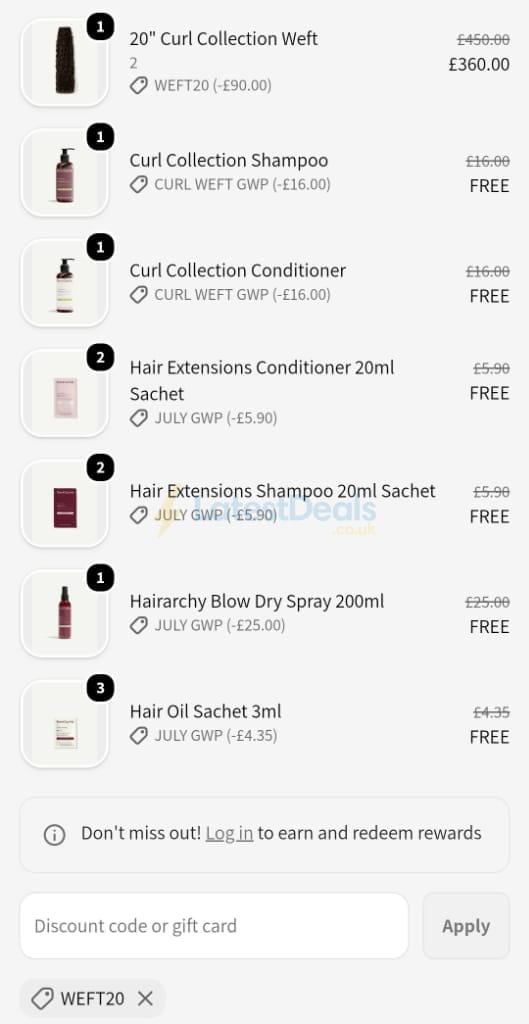 Screenshot of the Additional Lengths discount code working
