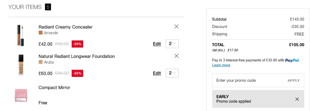 Screenshot of the NARS Cosmetics discount code working