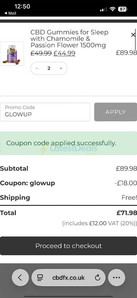 Screenshot of the CBDFX discount code working
